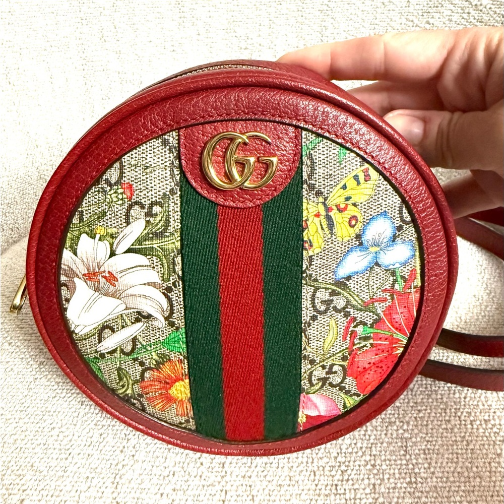 Authentic Gucci Ophidia Mini Round backpack red leather flora pattern canvas - Picture 15 of 16